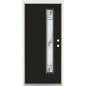 36 in. x 80 in. Left Hand Inswing Narrow Lite Radiant Decorative Glass Black Painted Fiberglass Prehung Front Door