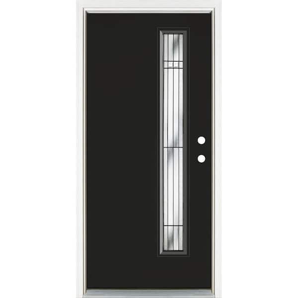 MP Doors 36 in. x 80 in. Left Hand Inswing Narrow Lite Radiant Decorative Glass Black Painted Fiberglass Prehung Front Door