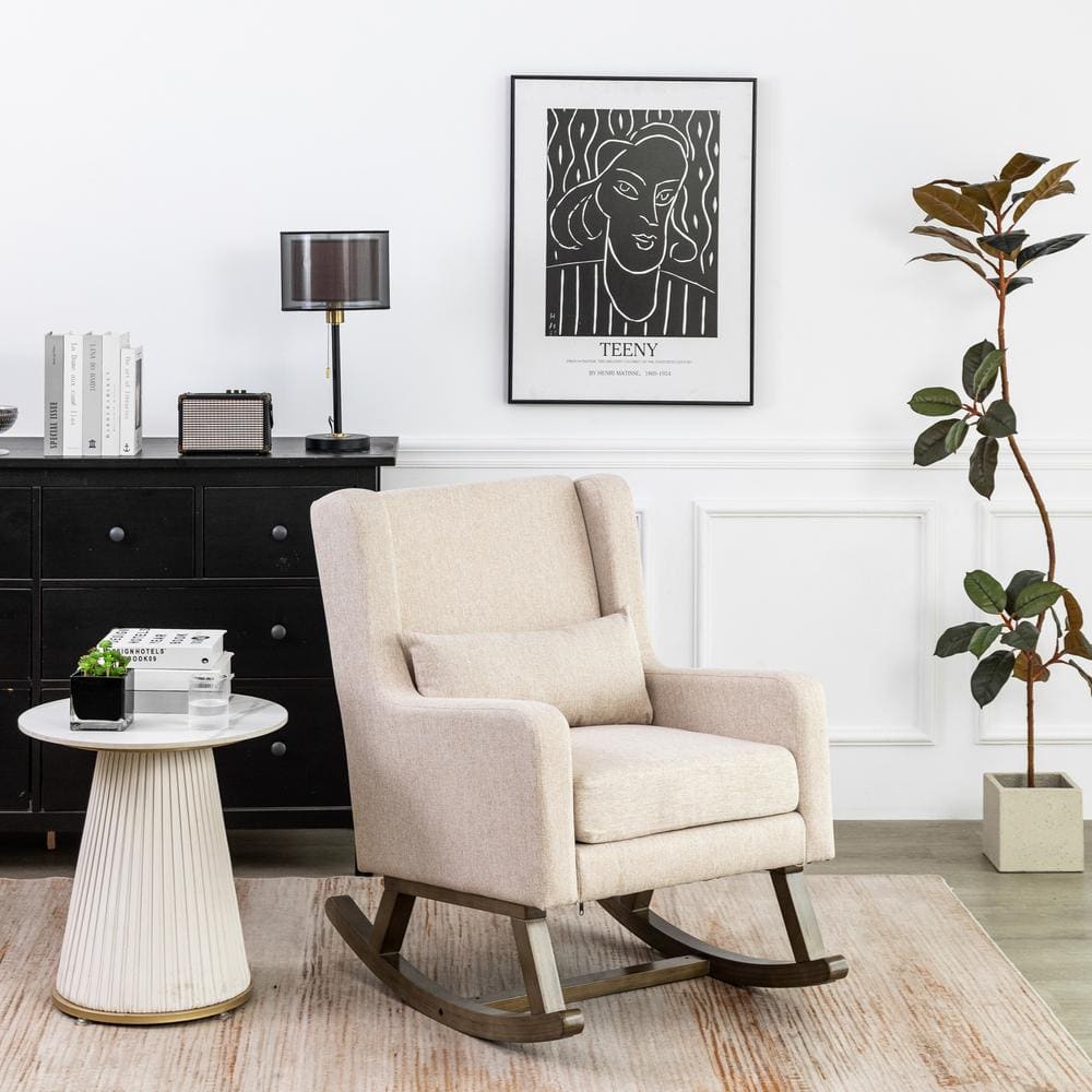 Khaki Rocking Chair, Linen Upholstered Chair Rocker with Sturdy Wood Frame,