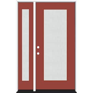 Legacy 51 in. x 80 in. Full Lite Rain Glass RHIS Primed Morocco Red Finish Fiberglass Prehung Front Door with 12 in. SL