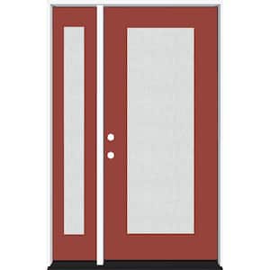 Legacy 53 in. x 80 in. Full Lite Rain Glass RHIS Primed Morocco Red Finish Fiberglass Prehung Front Door with 14 in. SL