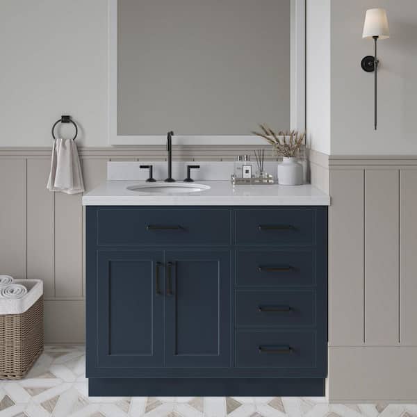 Hepburn 42 in. W x 22 in. D x 36 in. H Single Sink Freestanding Bath Vanity in Midnight Blue with Carrara Quartz Top