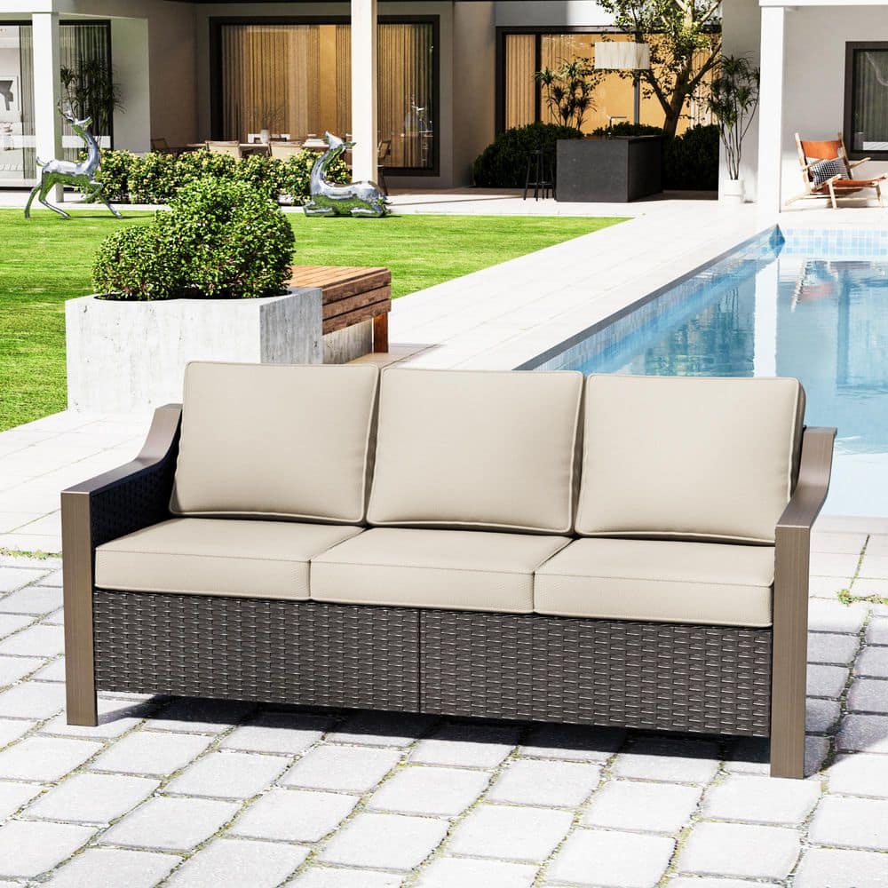 3-Seat Brown Wicker Outdoor Sofa Couch with Beige Cushions, Featuring Gracefully Sloped Armrests price history on PriceWatchPro
