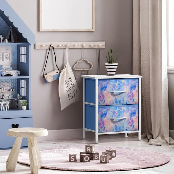 Sorbus Tie-Dye Blue, 2 Drawers, 11.8 in. W Nightstand, Set of 2 Kids Bedside Furniture, Steel Frame, Wood Top and Fabric Bins