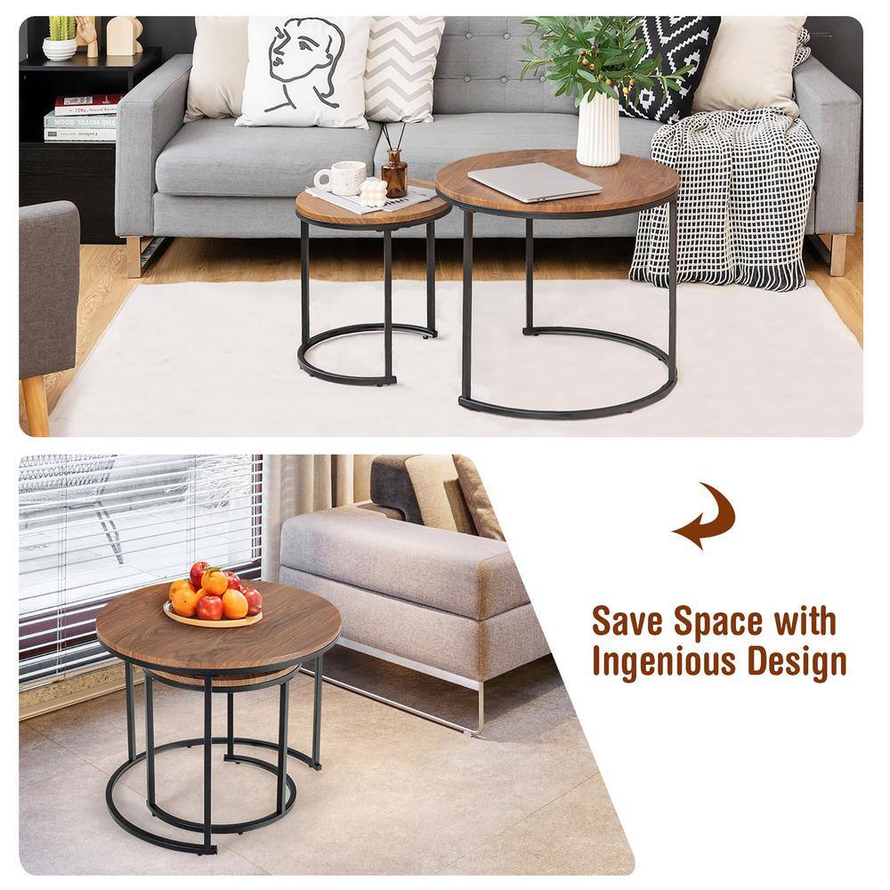 Vintage Walnut Round Nesting Coffee Table Set with Steel Frame