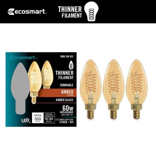EcoSmart 60-Watt Equivalent B11 Dimmable E12 Candelabra Fine Bendy Filament LED Vintage Edison Light Bulb Amber (3-Pack)