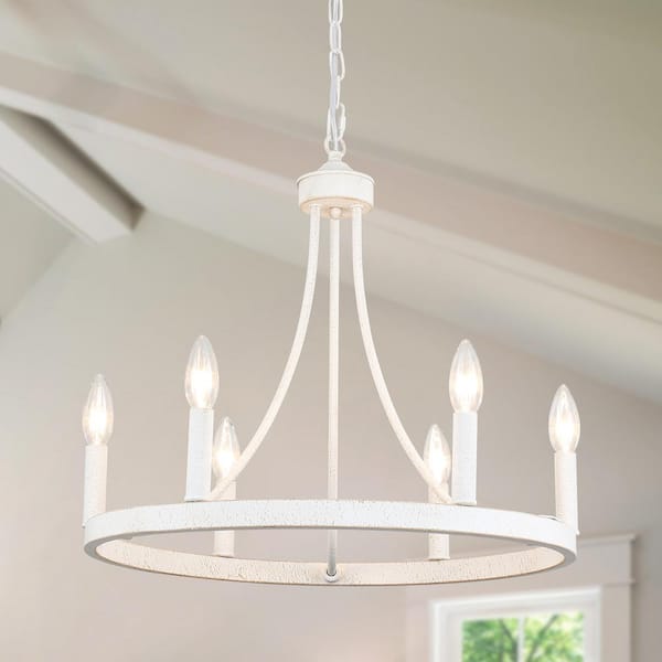 6-Light Farmhouse Vintage White Candlestick Circle Wagon Wheel Chandelier Lighting for Kitchen Island