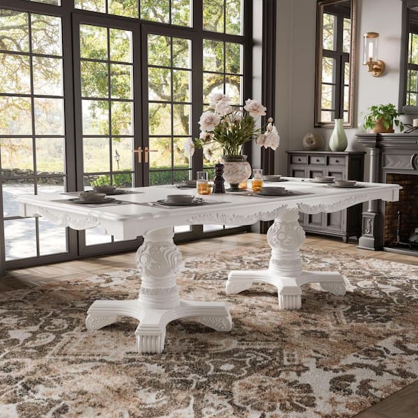 Furniture of America Divino Traditional White Wood 95 in. Double Pedestal Dining Table Seats 8