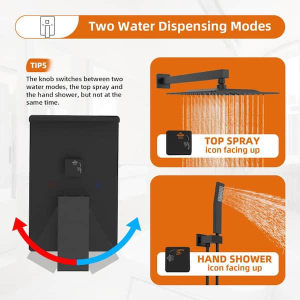 Rainfall Single Handle 1-Spray Shower Faucet ‎2.2 GPM with Square 10 in. Shower Head, Pressure Balance in Black