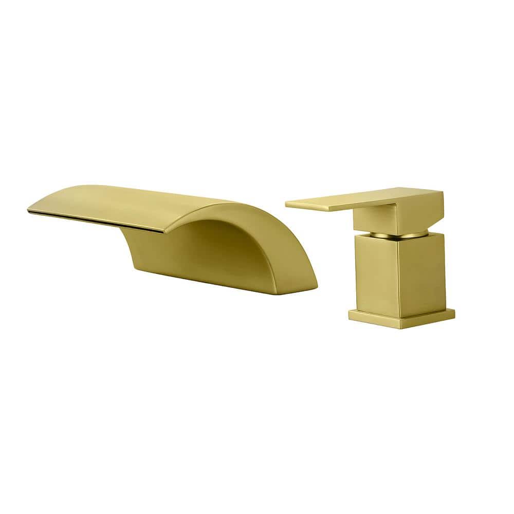 Single-Handle Deck-Mount Roman Tub Faucet with waterfall in Brushed Gold