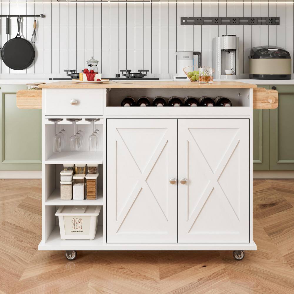 Tenleaf White Wood 44 in. Kitchen Island Kitchen Cart with Drop