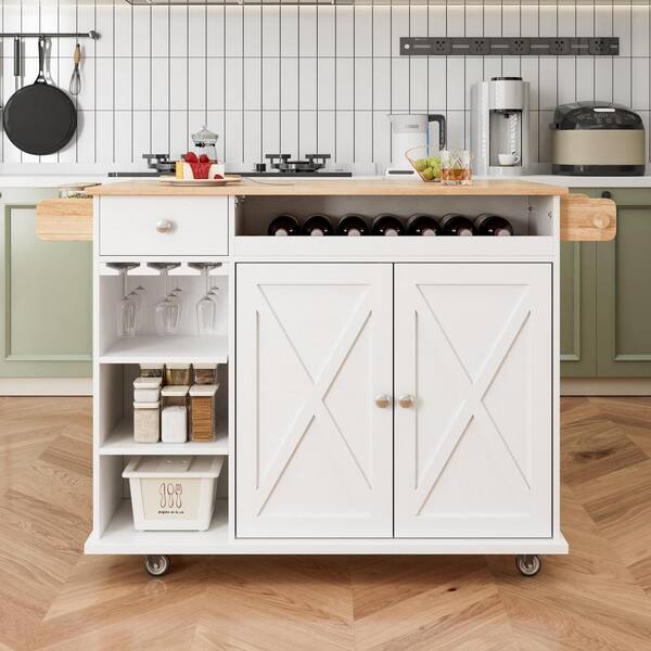 White Wood 44 in. Kitchen Island Kitchen Cart with Drop Leaf, Wine Rack, Drawers, Adjustable Shelf