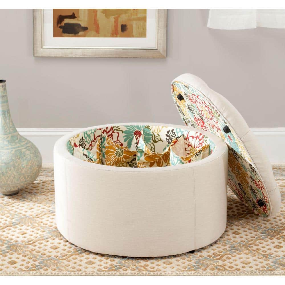 Luxurious Tufted Linen Round Storage Ottoman in Off-White