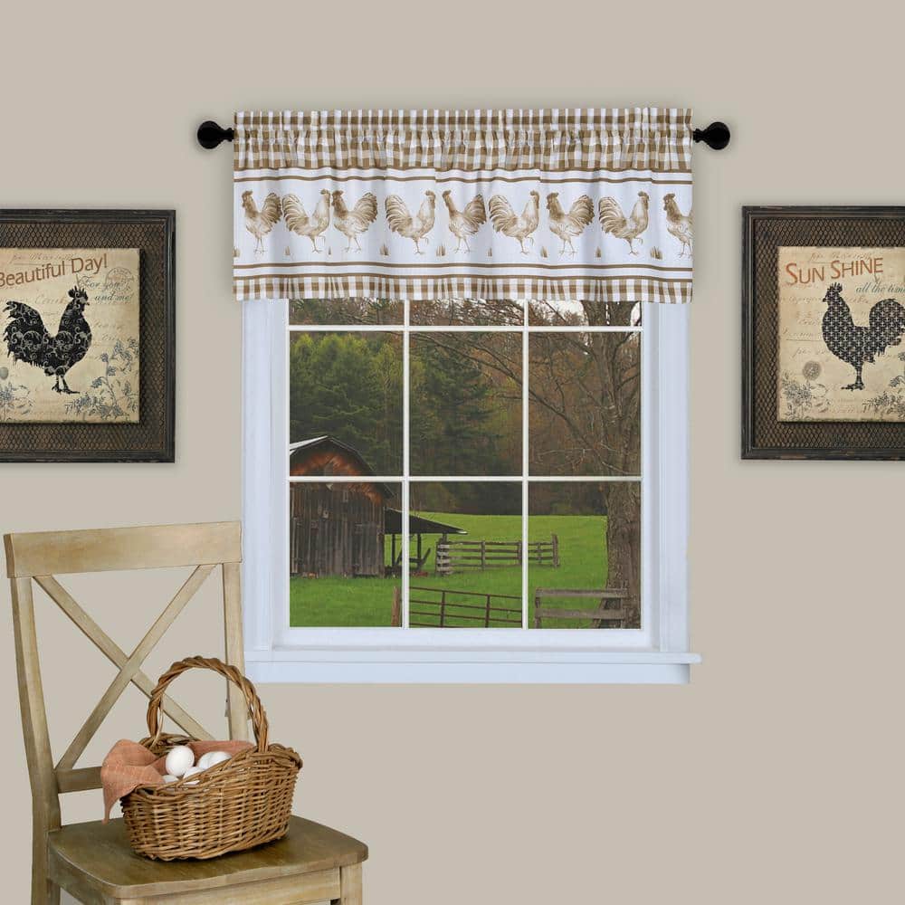 Taupe Gingham Plaid Rooster Pattern Valance, 58 x 14