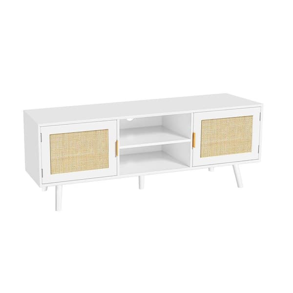 Aupodin 47 in. Farmhouse Rattan TV Stand Fits TV's up to55 Inches TV Mid Century Modern Entertainment Center with Cabinet White