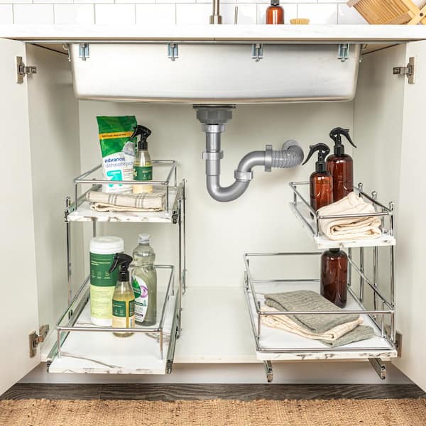 Chrome and Faux Marble Sliding 2-Tier Steel Under Sink Shelving Unit 12.25  in. W x 16 in. H x 21 in. D