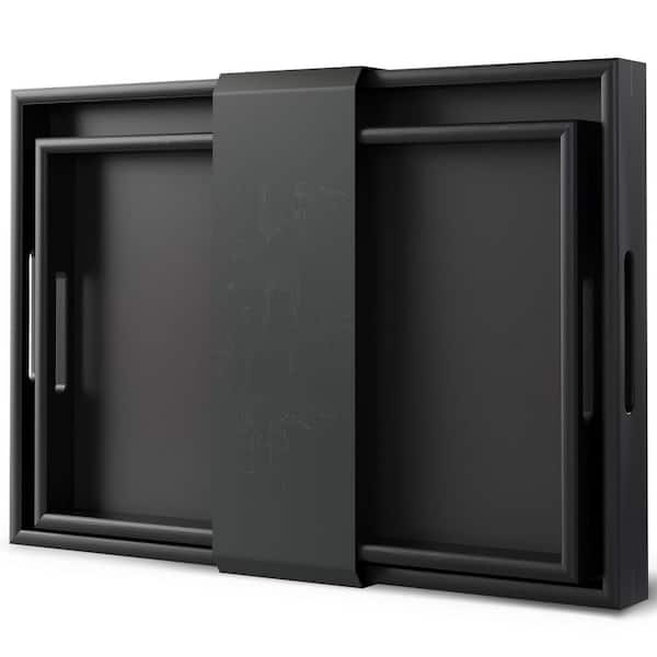 16.9 in. W x 1.6 in. H x 11.8 in. D Black Bamboo Serving Tray with Handle (Set of 2), Food Drinks Tray for Eating