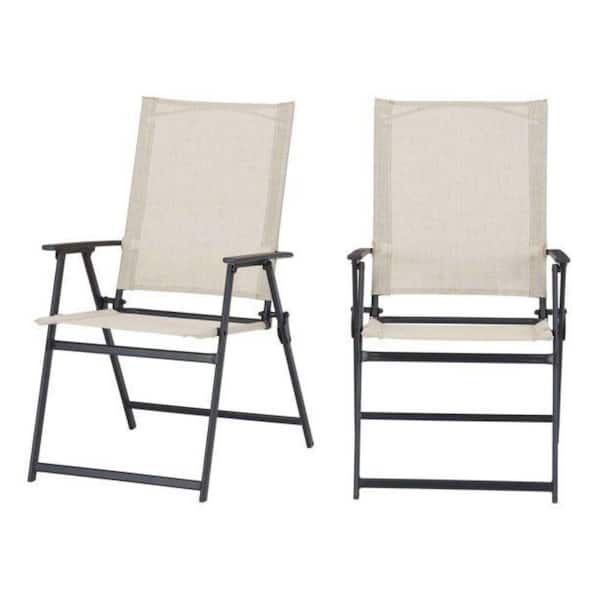 Unbranded Outdoor Patio Steel Sling Folding Chair in Beige (Set of 2)