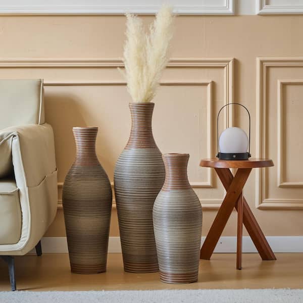 20 in. 24 in. 28 in. Brown Gray PVC Bottle Floor Vase Trio Textured Modern Tall Vases, Artificial Plant Stand (Set of 3)