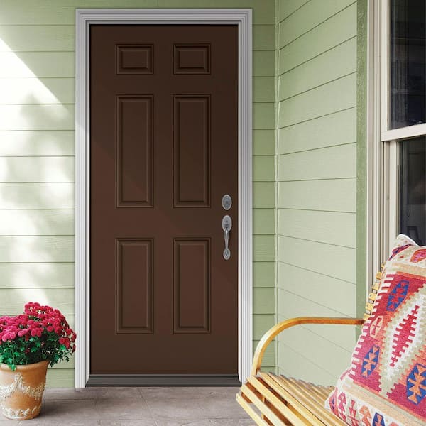36 in. x 80 in. 6-Panel Dark Chocolate Painted Steel Prehung Left-Hand Inswing Front Door w/Brickmould