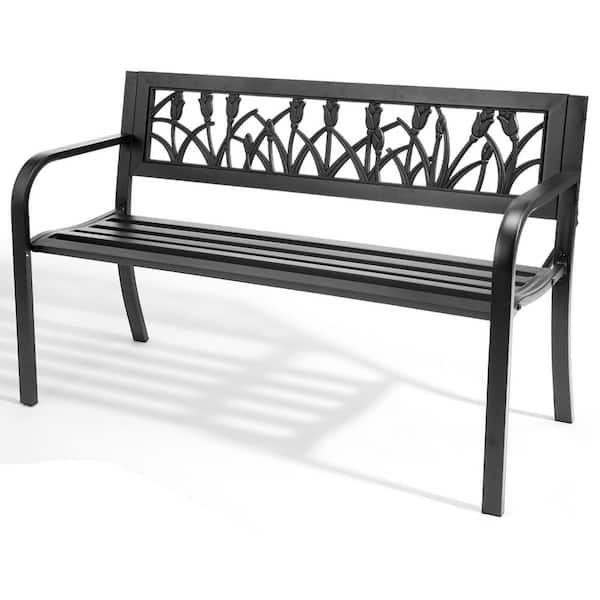 49 in. 2-Person Black Metal Outdoor Bench