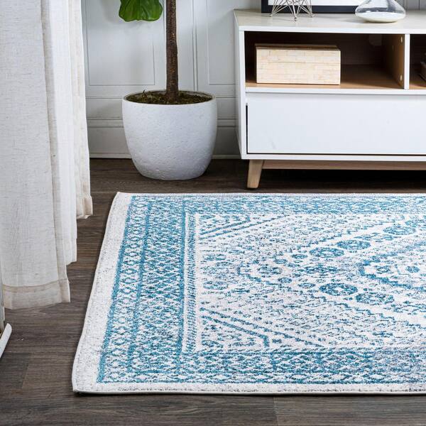 Best Selling Home Decor Langrick Boho Wool and Cotton Scatter Rug, White and Blue | 308775