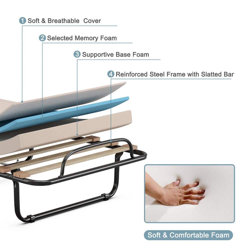 Portable Memory Foam Folding Bed with Mattress Rollaway Cot Beige Made in Italy - thumbnail 6