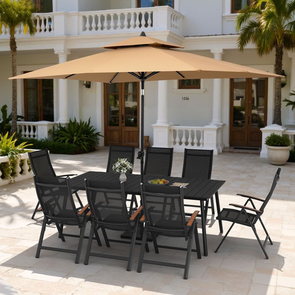11-Piece 83 in. Black Aluminum Outdoor Dining Set with Foldable Recliner Chairs, Tan Market Patio Umbrella and Base price history on PriceWatchPro