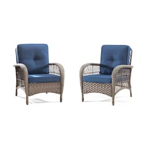 2-Pack Brown Wicker Outdoor Lounge Chair, Patio Chairs with Blue Cushion