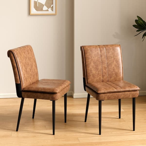 Upholstered Dining Chairs (Set of 2), Faux Leather Kitchen Chairs with Metal Legs, Modern Brown Dining Room Side Chairs