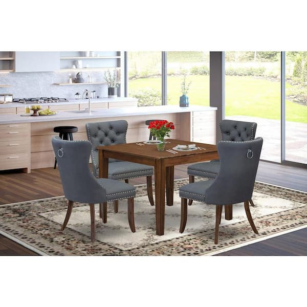 East West Furniture 5-Piece Antique Walnut Finish Solid Wood Top - Square Upholstered Dining Room Set - Seats 4