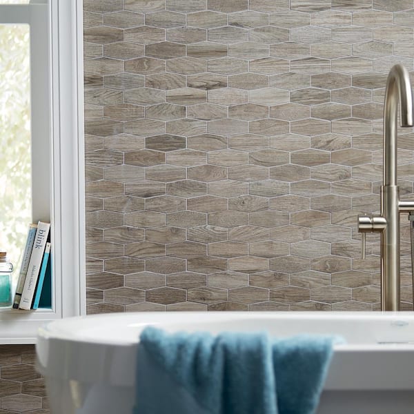 Shadow Wood Hexagon 12 in. x 12 in. x 8mm Glazed Porcelain Mosaic Floor and Wall Tile (0.83 sq. ft. / piece)