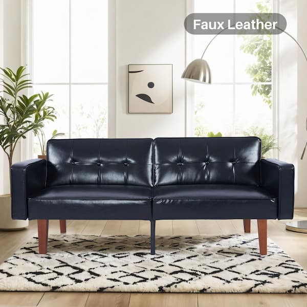 dreamlify 33 in. Wide Faux Leather Button Tufted Upholstered Armchair, Accent Convertible Sleeper Couch 3-Seat Sofa, Black