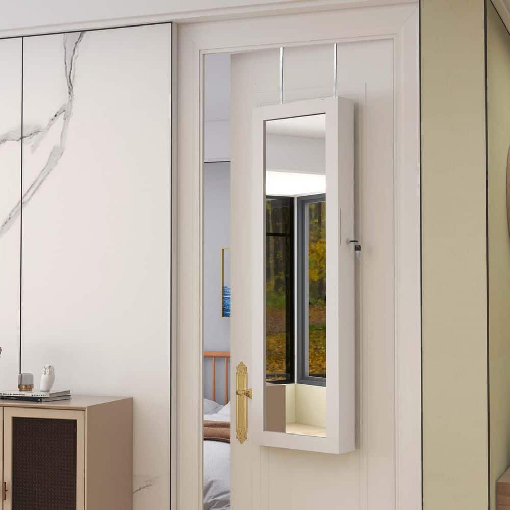 White 14.57 in. W x 47.24 in. H Wood Framed Wall Hanging Mirror, Lockable J