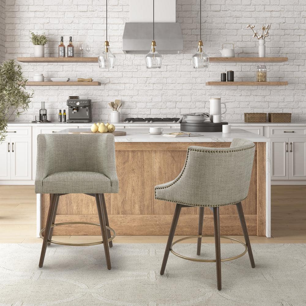 Grey Multi Tweed Swivel Counter Stool with Walnut Wood Legs