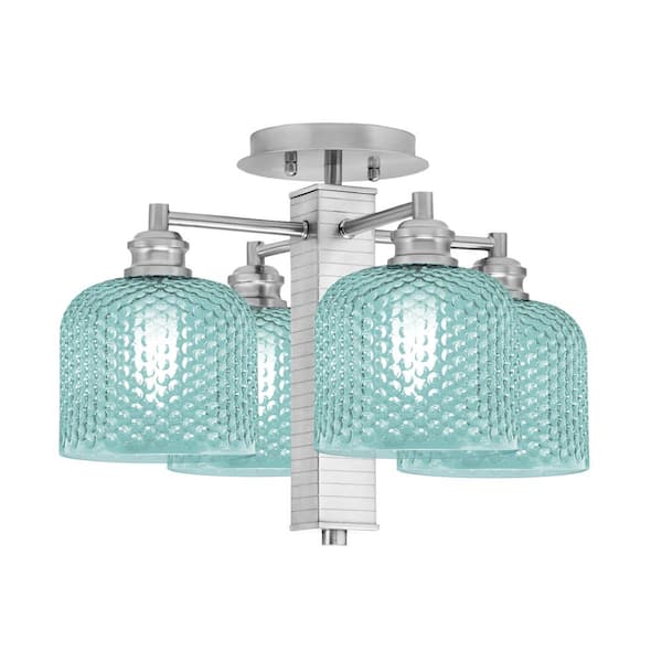 Unbranded Albany 18 in. 4-Light Brushed Nickel Semi-Flush with Turquoise Textured Glass Shades