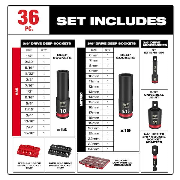 Milwaukee 49-66-6805 SHOCKWAVE Impact-Duty 3/8 in. Drive Metric and SAE Deep Well Impact PACKOUT Socket Set (36-Piece) - 3