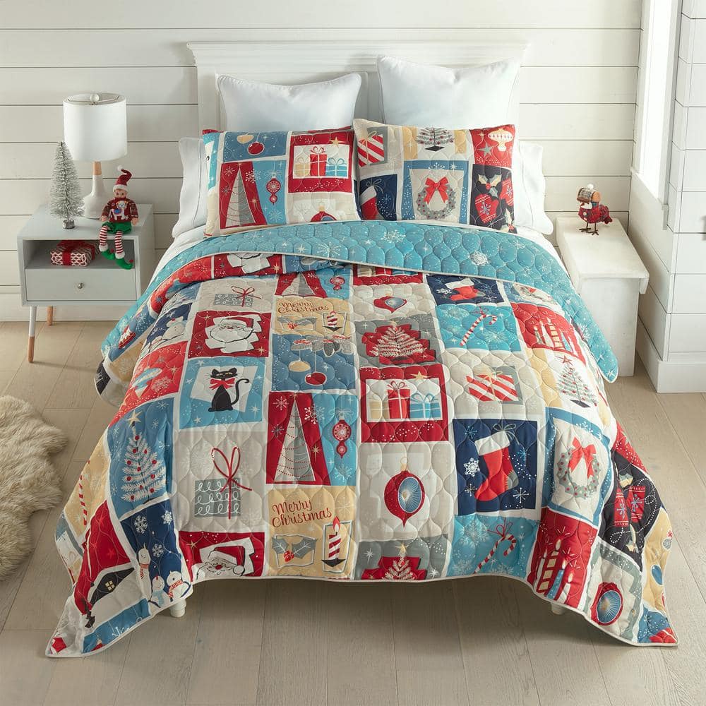 King Size Red and Multicolor Microfiber Reversible Quilt Set
