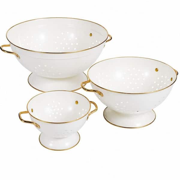 Metal Colander Set of 3 Strainer Basket with Handles for Kitchen, Solid Base Powder Coated Kitchen Strainer in White