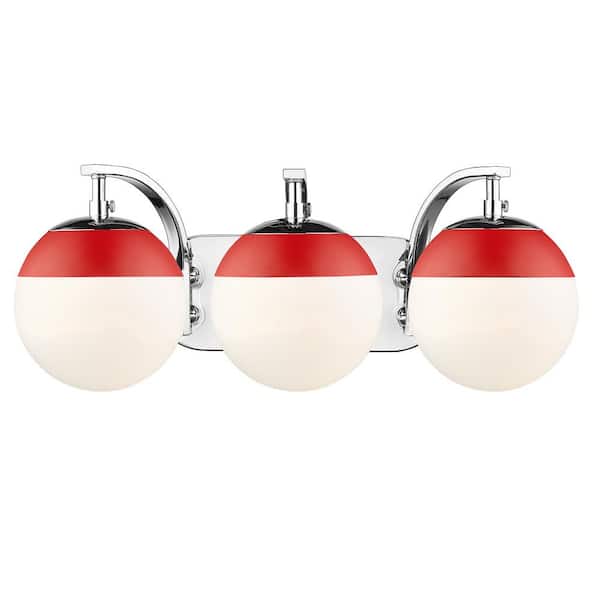 Golden Lighting Dixon 12 in. 3-Light Chrome with Opal Glass and Red Cap Bath Vanity Light