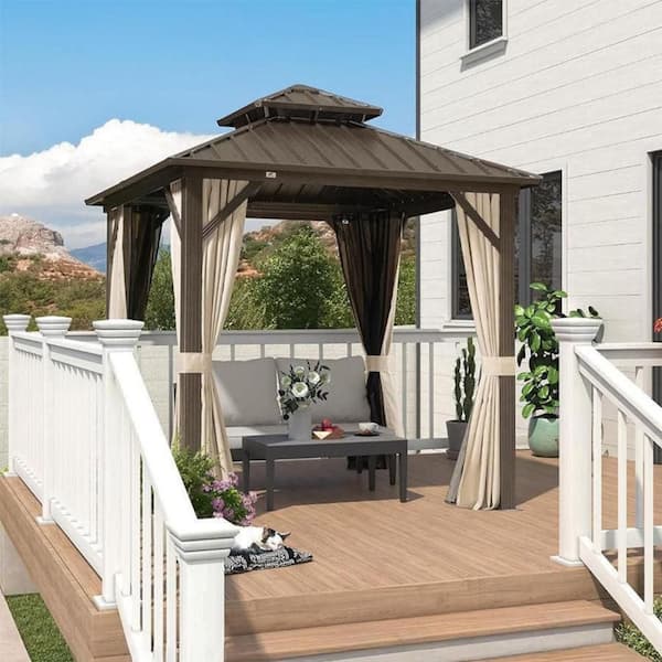 8 ft. x 8 ft. Bronze Aluminum Outdoor Hardtop Gazebo Metal Frame Galvanized Double Roof with Curtains and Nettings