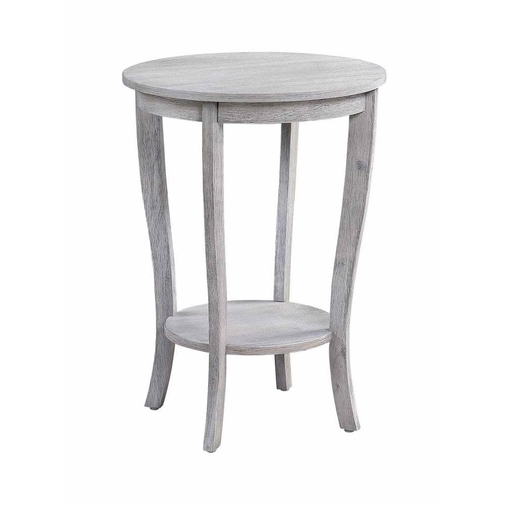 Light Gray Round Wood End Table with Shelf