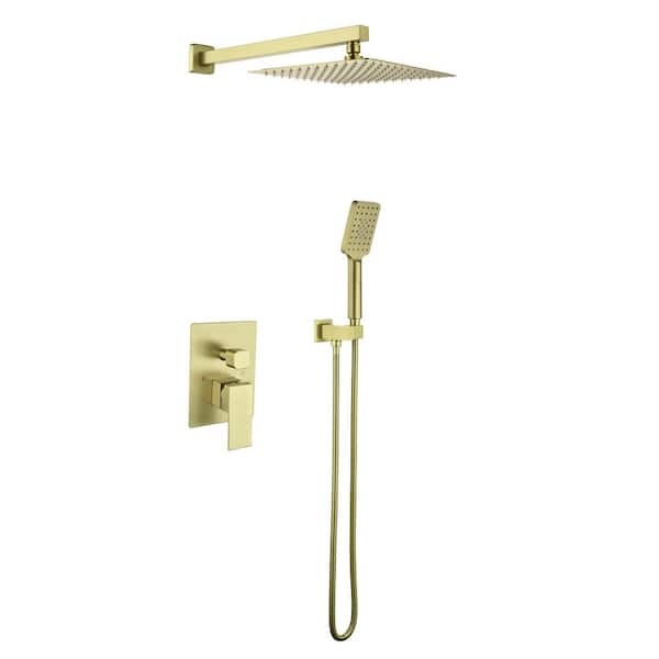 Brass Brushed Gold Faucet 1 Jet Shower System 10 in. Rainfall Shower Head with Rough-in Valve Included in Gold