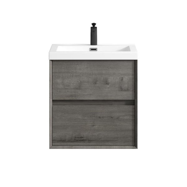 Kingdee 24 in. W x 20 in. D x 26 in. H Single Sink Floating Bath Vanity in Smoke Oak with White Acrylic Top