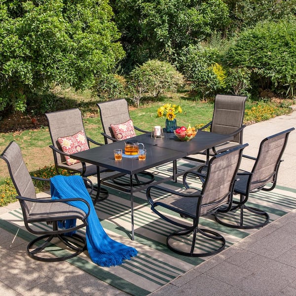 PHI VILLA Black 7-Piece Metal Outdoor Patio Dining Set With Rectangle ...