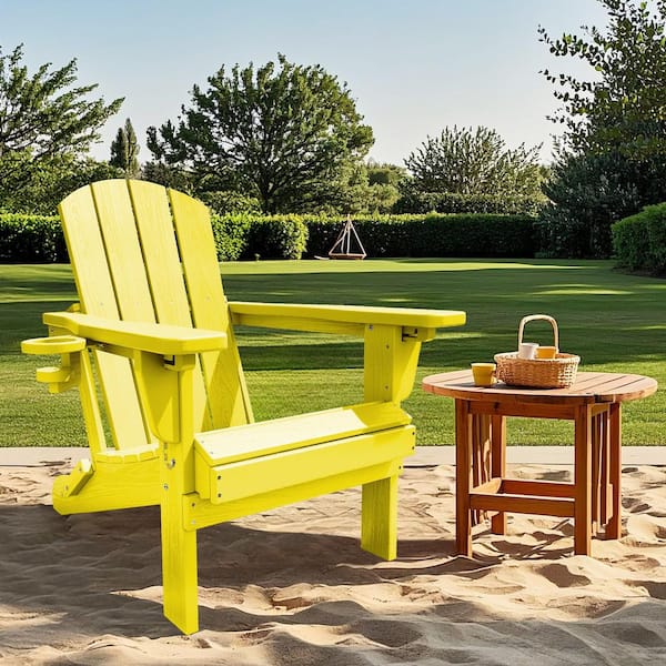 JEAREY Weather Resistant Plastic HDPE Outdoor Patio Folding Adjustable Adirondack Chair with Cup Holder in Lemon Yellow