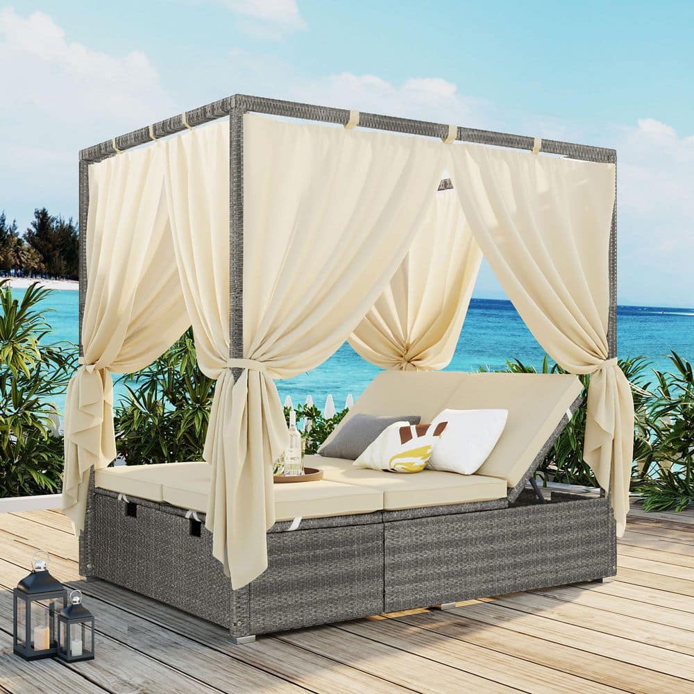 Gray Wicker Outdoor Day Bed with Beige Cushions with Canopy