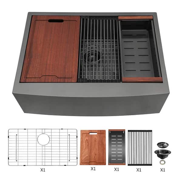 RAINLEX 30 in. L x 22 in. W Farmhouse Apron Front Single Bowl 16 Gauge Stainless Steel Kitchen Sink in Gunmetal Black
