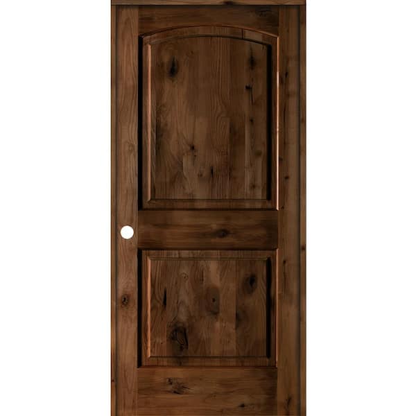 28 in. x 80 in. Knotty Alder 2-Panel Right-Handed Provincial Stain Wood Single Prehung Interior Door with Arch Top