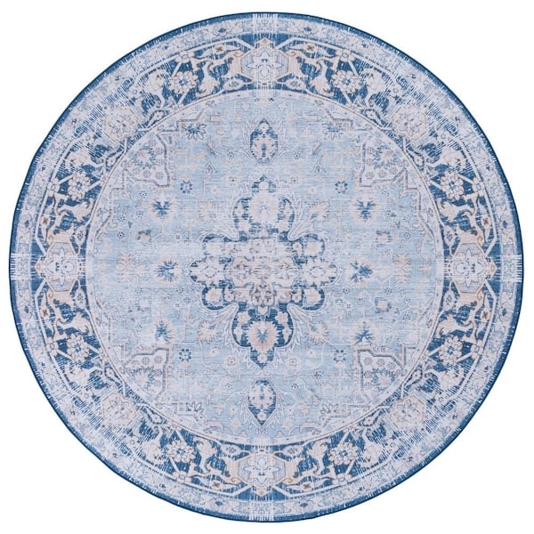 SAFAVIEH Tucson Light Blue/Navy 6 ft. x 6 ft. Machine Washable Medallion Floral Border Distressed Round Area Rug